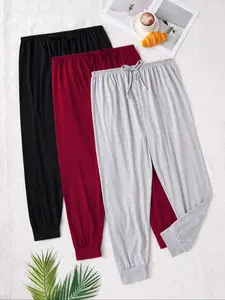 Women's Plus Size Comfortable Sleepwear Pants Pajama Set, Elastic Waistband & Bow Decor, Casual Home Wear, Three-Piece Pack