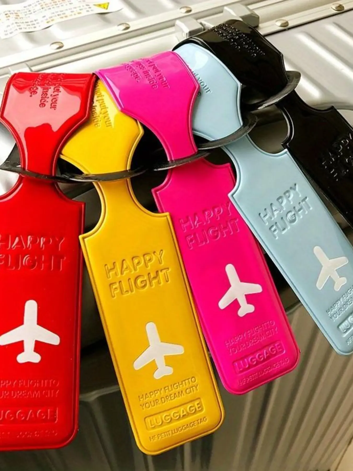 5pcs Waterproof Material Luggage Tags, Fashion Flat Pattern Travel Accessories, Safe Quick Bag Identification, Durable & Stylish Design, Airplane Trip Essentials