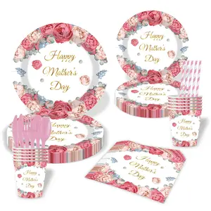 Mother's Day Theme Party Party Atmosphere Arrangement Disposable Tableware Paper Plate Paper Cup Paper Towel Knife and Fork Set