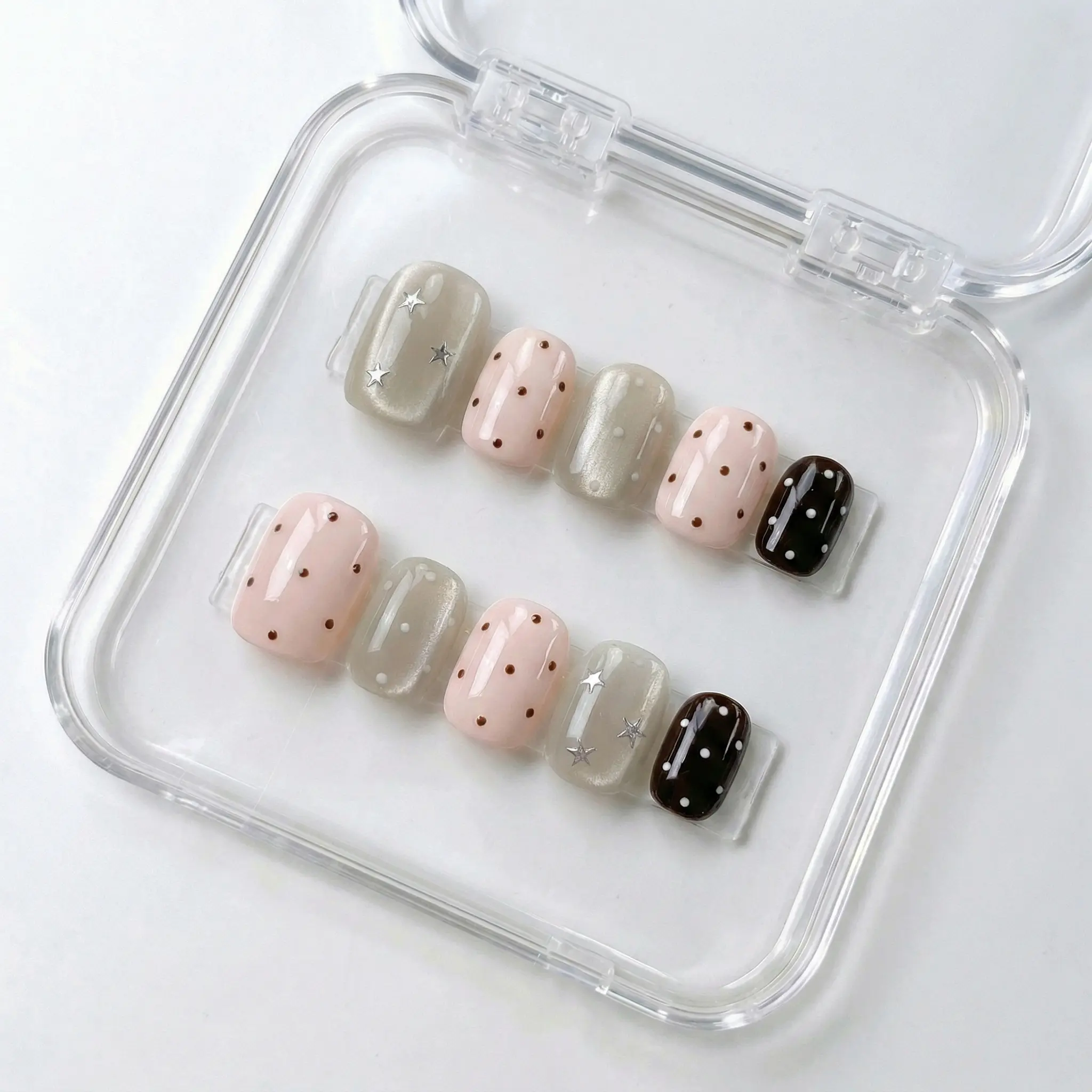 Pink Grey Polka Dot Nails