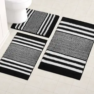 Black Bathroom Rugs Set 3 Pieces, Striped Ultra Soft Non Slip Absorbent Chenille Toilet Bath Mat Set, Absorbent Plush Shaggy Bath Rugs for Bathroom