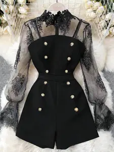 Women's Casual Elegant Chic Solid Color Long Sleeve Lace Top + Jumpsuit Set, 2 Piece, Comfortable, Fitted and Stylish, Perfect for Daily Wear