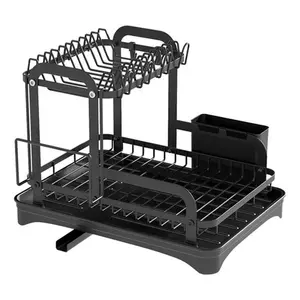 2-Tier Rustproof Dish Drying Rack for Kitchen Counter, Space-Saving Set with Drainboard, Detachable Drainer Organizer, Utensil Holes, Bowl Holder & Easy Installation