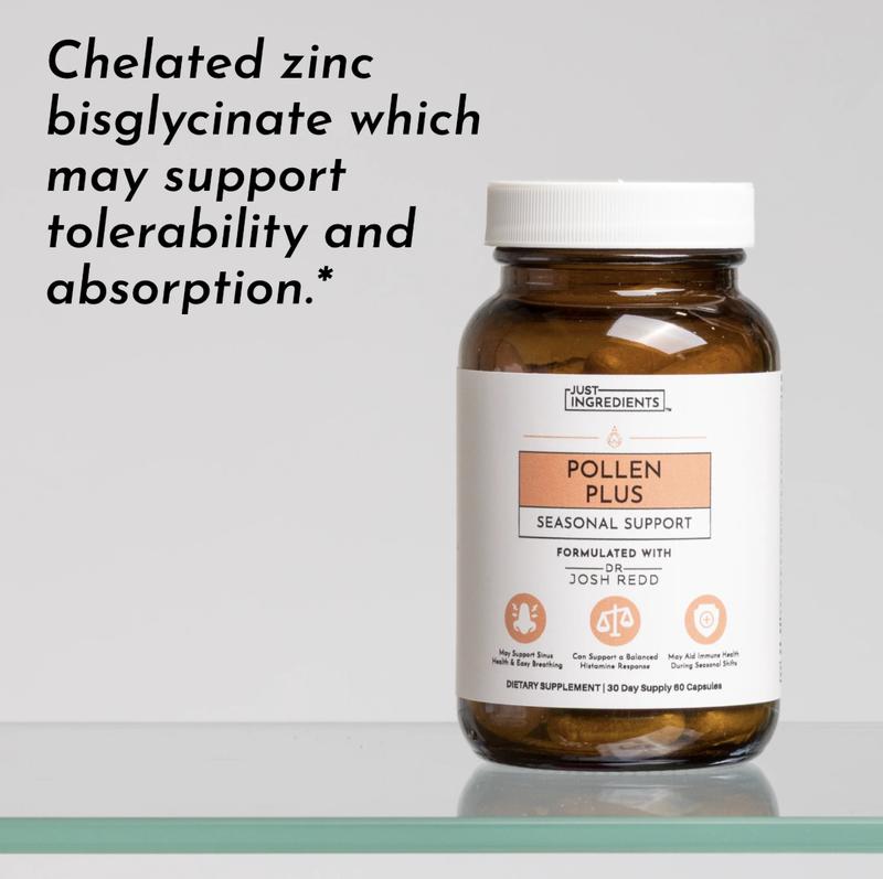 Just Ingredients Pollen Plus Seasonal Support Supplement with Bioavailable Zinc & Quercetin | May Provide a Natural Wellness Boost