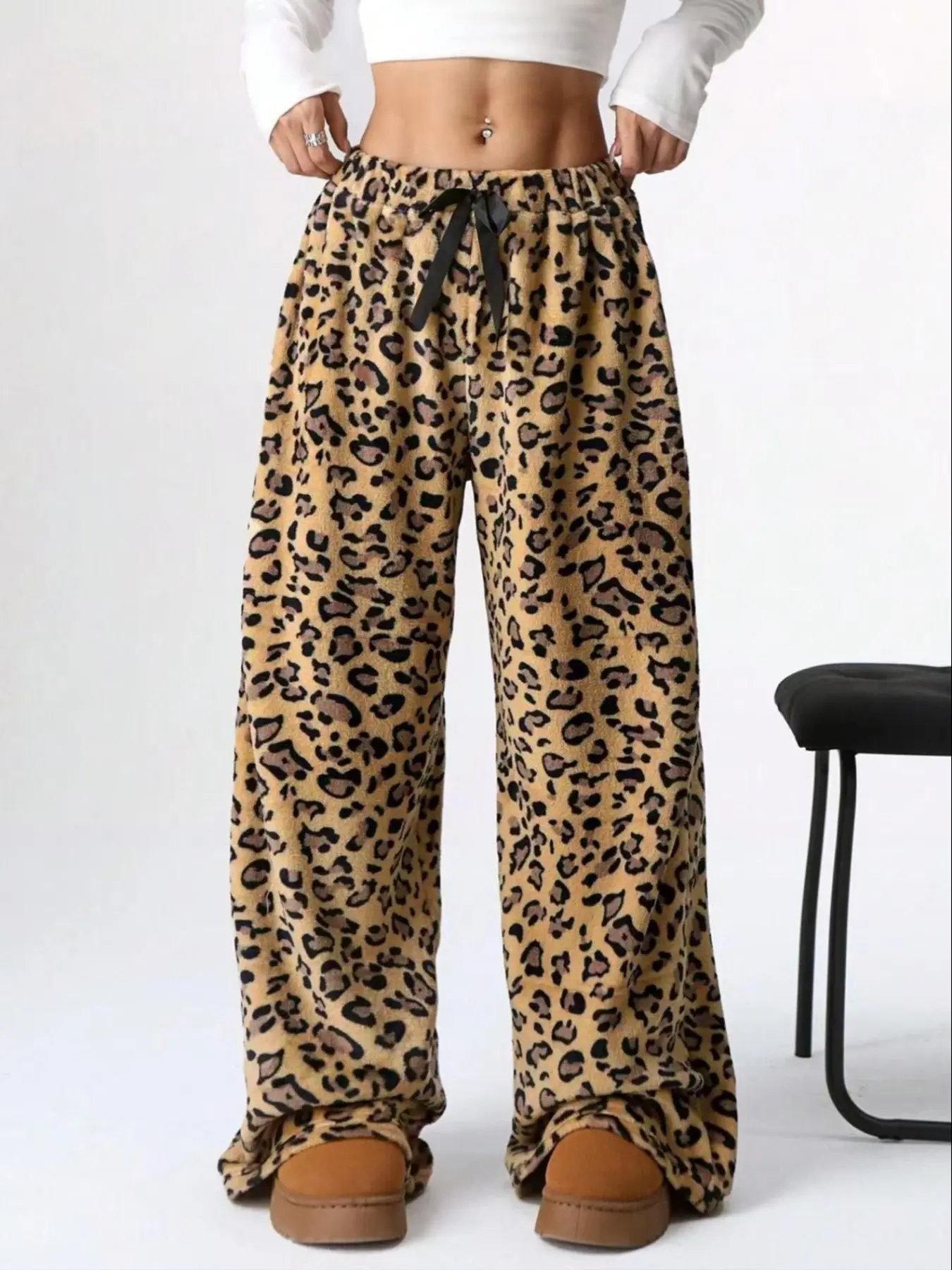 Women's Leopard Print Plush Knit Pants, Winter Thick Fabric Straight-Leg Wide Leg Loose Casual Style, New Arrival Fall & Winter Fashion