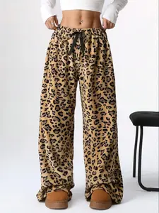 Women's Leopard Print Plush Pants, Winter Thick Fabric Straight-Leg Wide Leg Casual Style, New Arrival Fall & Winter Fashion