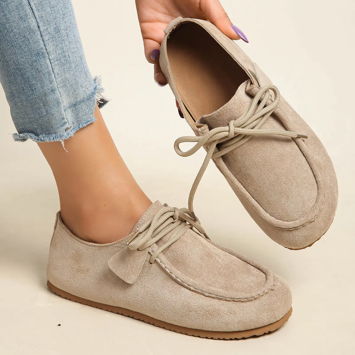 Women's Walking Footwear - Classic Round-Toe Lace-Up Faux Suede Loafers, Comfortable Non-Slip Flats with Arch Support, Walking Shoes, Soft, 0.5 Cm, Laces, Fabric, Casual Wear, Ankle