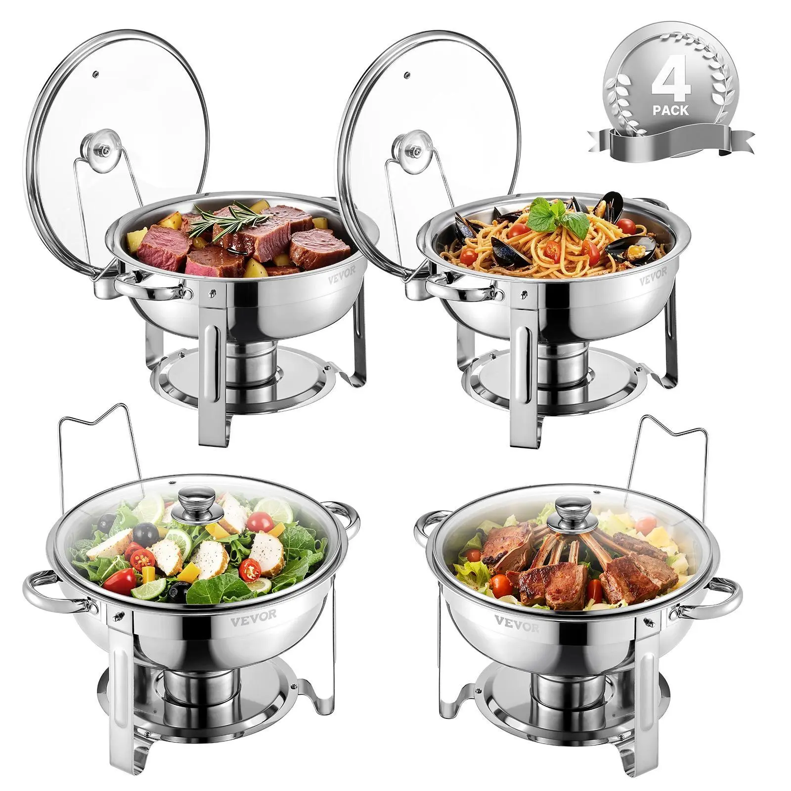 【Summerfinds】Durable VEVOR Stainless Steel Chafing Dish Buffet Set, 5 Qt 4-Pack with 4 Full-Size Pans, Round Catering Warmer Server with Glass Lid, Water Pan, Space-Saving Folding Stand & Fuel Holder, for Wedding Banquet, Party, Maintain Food Temperature,