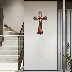 Wooden 2D Cross Hanging Ornament, Elegant Decorative Floral Carving & Dark Glass Effect, Indoor Home Decor Christmas Religious Gift, Multi-Functional Garden Plaque, Stylish Religious Decor, Decoration