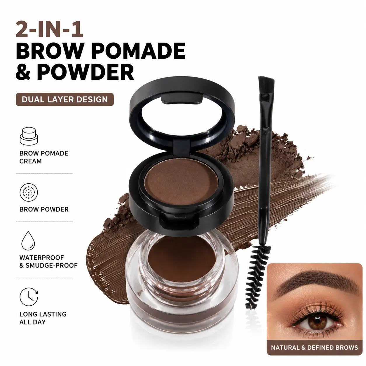SHEOETY 2-in-1 Brow Pomade & Powder Kit, Dual Layer Eyebrow Tint with Angled Brush & Spoolie, Waterproof Smudge Proof Long Lasting Natural Brow Makeup