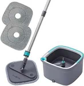 True & Tidy True Clean Mop and Bucket System, Includes Square Spin Mop, Dual Compartment Mop Bucket and 2 Thick Machine Washable Mop Pads (Spin Mop)