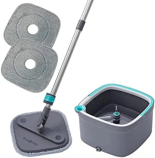 True & Tidy True Clean Mop and Bucket System, Includes Square Spin Mop, Dual Compartment Mop Bucket and 2 Thick Machine Washable Mop Pads (Spin Mop)