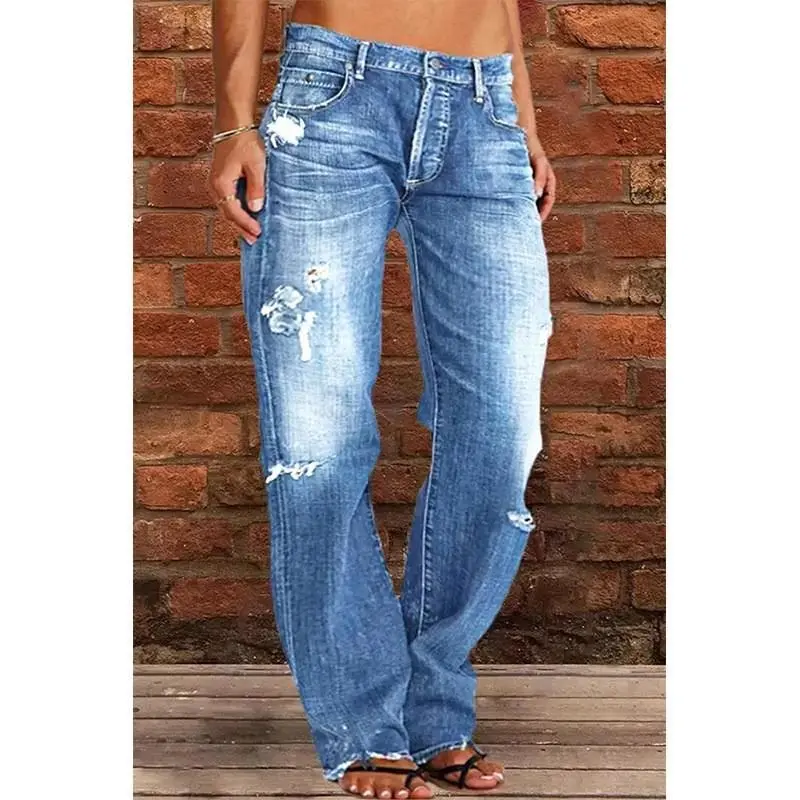 Women'sRippedJeansMidRiseStraightLegDenimJeanPlusSizeBoyfriendJeansBaggyFlarePants90sHippieClothes