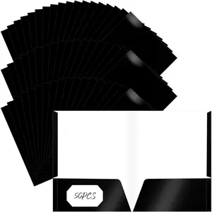 50 Pcs 2 Pocket Glossy Laminated Paper Portfolios, Letter Size Presentation Folders with Pockets for Office Teacher Worker Supplies (Black Color)