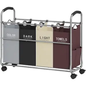 Laundry Sorter 4 Sections, Laundry Separator Hamper with Heavy Duty Lockable Rolling Wheels, Laundry Divider with Removable Bags for Dirty Clothes Storage, 4 Colors