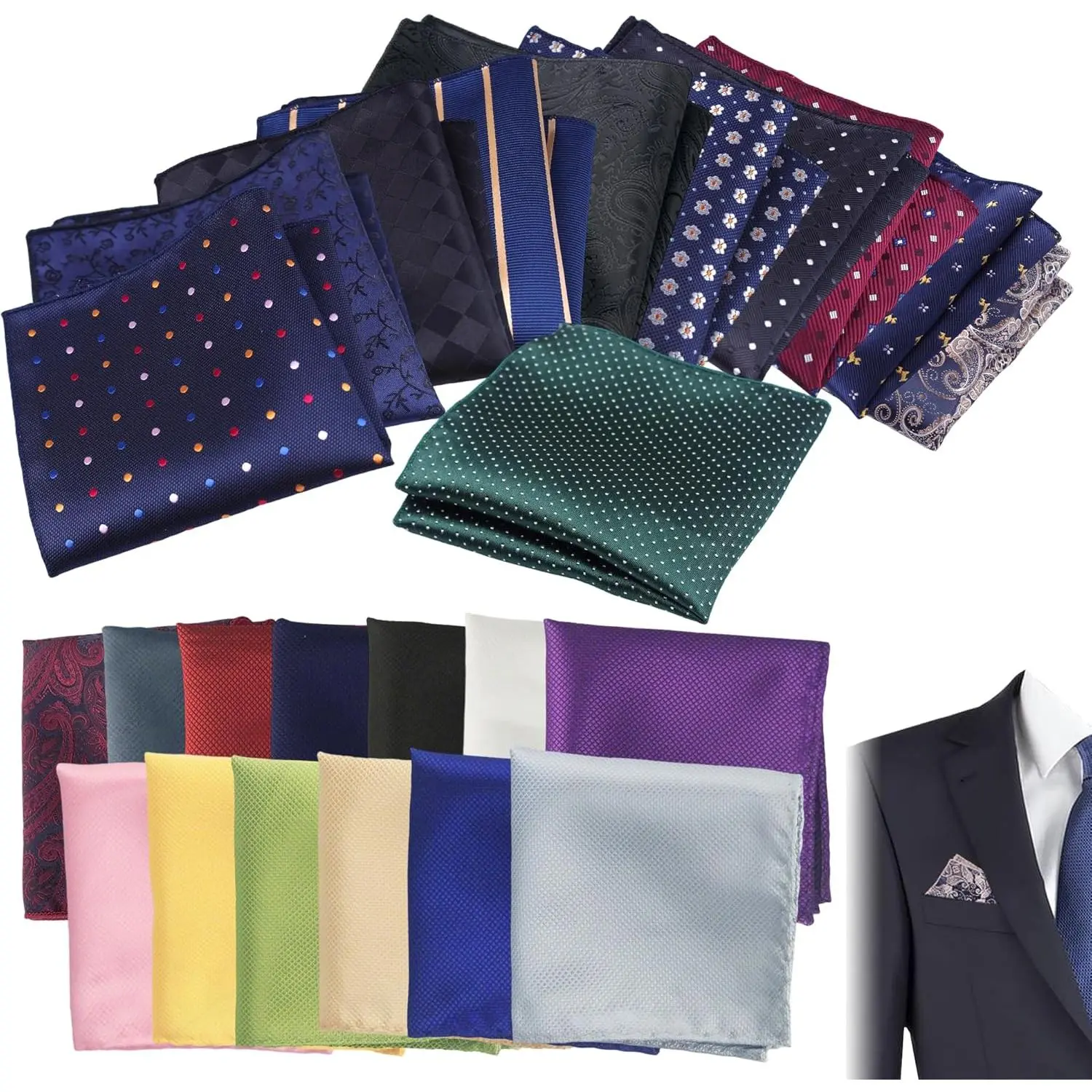 Men's Pocket Squares Set, 24 Pack of Assorted Solid and Patterned Polyester Silk Handkerchiefs for Suits, Weddings, Graduation, and Formal Wear, Clothes, Birthday, Dark, Casual, Male, Elegant, Print, Wrinkle Resistant, Modern, Synthetic