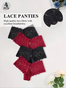 4 Pack Women’s Sexy Low-Waist Lace Bow Panties – Hollow-Out Triangle Underwear, Boho Preppy Style, Lightweight Daily Wear, Multi-Color Valentine’s Gift, Bohemian, Womenswear, Soft Lace Panties