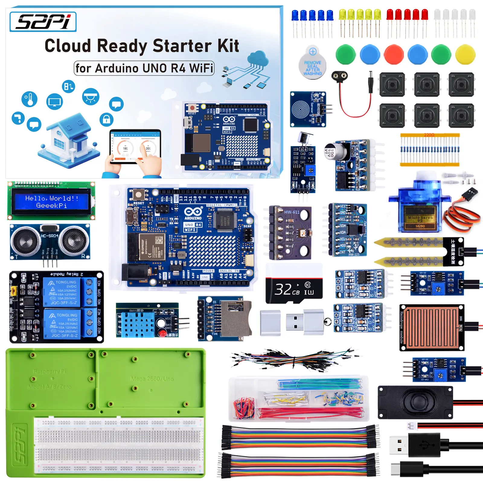52Pi Cloud Ready WiFi Kit with UNO R4 WiFi Development Board, Bluetooth Connectivity, I2C Sensors, LED Matrix, IoT Integration, Data Logging, Real-Time Control, Remote Monitoring, Arduino Projects Tutorials