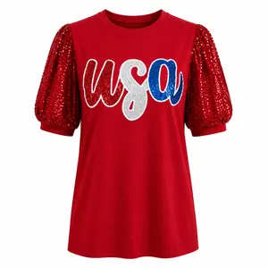 USA Sequin Top with Sequin Puffed Sleeves