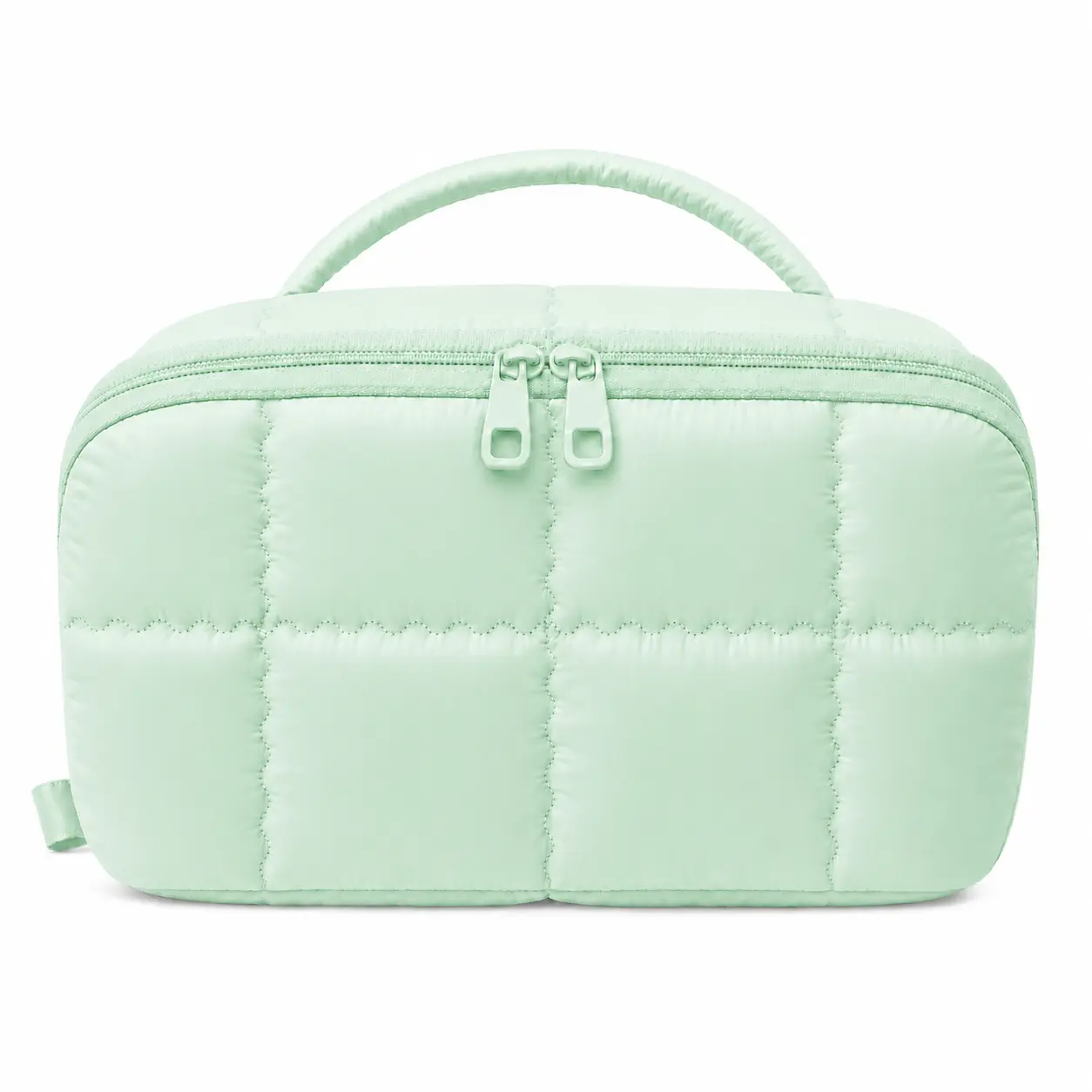 Quilted makeup bag for women, suitable for all seasons and travel; 180° wide-open toiletry cosmetic organizer with divided inner compartments; portable handheld waterproof makeup case for travel, bathroom, and everyday beauty storage.
