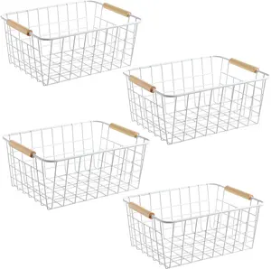 NEW White Wire Baskets with Handles Wire Storage Organizer Baskets For Kitchen, Household Refrigerator for Cabinets, Pantry, Closets, Bedrooms - Set of 4(White)
