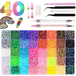 32000+8 Pcs Round DIY Nail Art Diamond Set , Mixed Resin Diamonds with Tweezer and Wax Pencil for Acrylic Nails Face Eye Makeup Clothes Decoration
