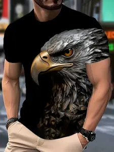 Men's Eagle Pattern Printed Fitted T-Shirt with Vintage Round Neck, Short Sleeve Summer Casual Outdoor Wear, Stylish Street Sports Top for Holidays & Daily Use, Menswear