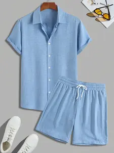 Men's Solid Short Sleeve Shirt & Shorts Loungewear Set, Loose Casual Comfy Button Up Top & Shorts PJ Set, Men Sleepwear Set for Summer