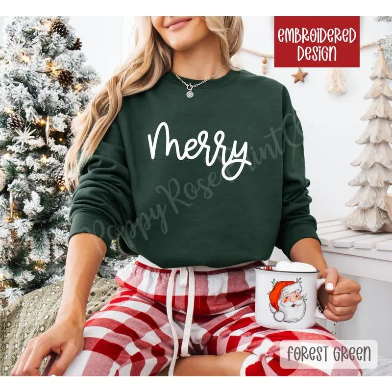 MerryEmbroideredChristmasSweatshirt,HolidayCrewneckSweatshirt,XmasSweater MerryEmbroideredChristmasSweatshirt,HolidayCrewneckSweatshirt,XmasSweater