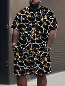 Men's Summer Top and Pants Set, Duck Pattern 3D Print, Outdoor Casual Loose Sports Wear with Drawstring, Large Round Neck Short Sleeve Tee Shorts Set