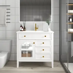 ARCH 35.6" Mid-Century Bathroom Vanity Sink with Patterned Glass & Motion-sensor Light Strip, Farmhouse Freestanding Bathroom Vanity Sink with Storage, High-end Restroom Vanity Cabinet,White