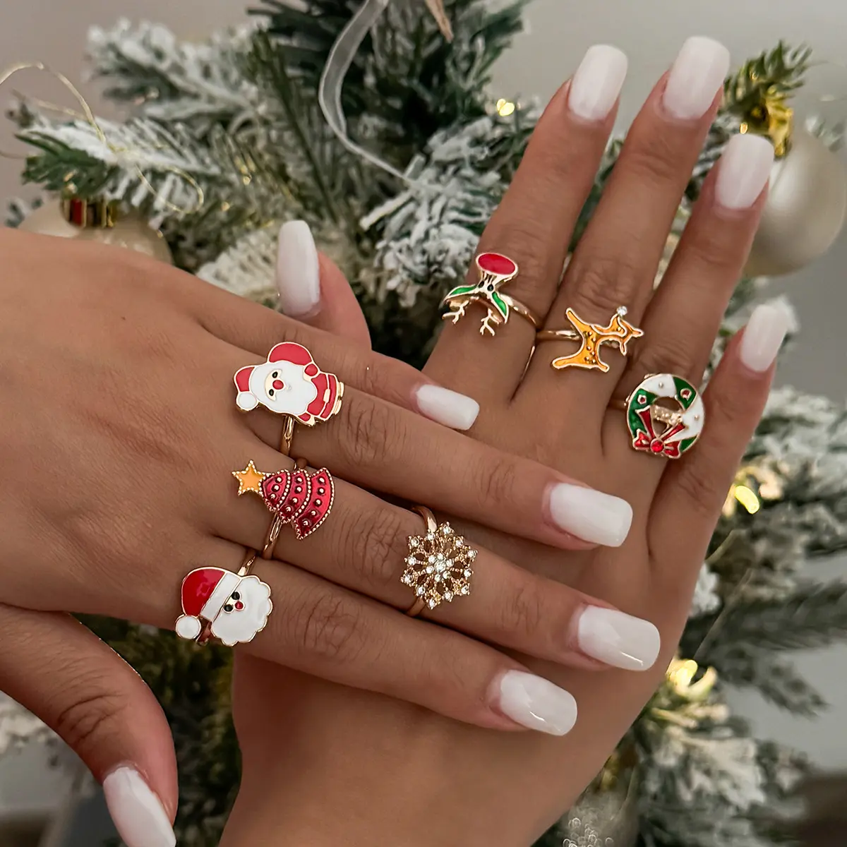 Christmas Chic Glam Santa Deer Snowflake Ring Festive Flair Women's Set Combo Personalized Holiday Style Themed Ring Set for Women