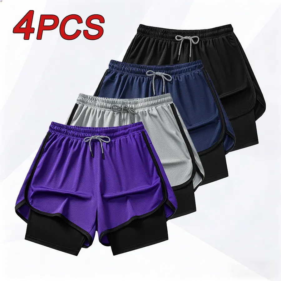 Men's 4-Pack 2-in-1 Flowy Running Shorts, Cool Colorblock Design with Quick-Drying Breathable Elastic Liner for Workouts, Breathable Elastic Shorts, Lightweight Workout Shorts