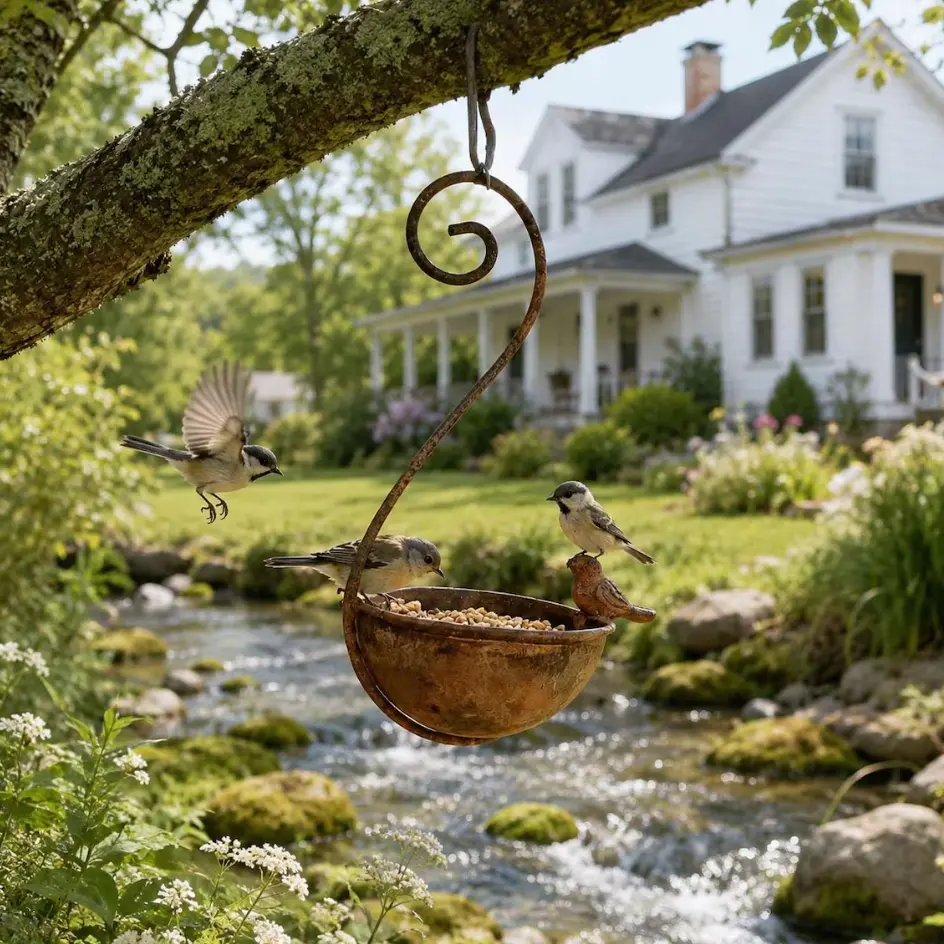 Vintage Metal Hanging Bird Feeder Wild Bird Feeder Bowl with Metal Hook Antique Copper Garden Bird Feeder Outdoor Hanging Decoration Vintage Rust Iron Bird Feeder with Bird Figurine Hanging Tree Branch Wild Bird Feeding Bowl Farmhouse Patio Lawn Ornament