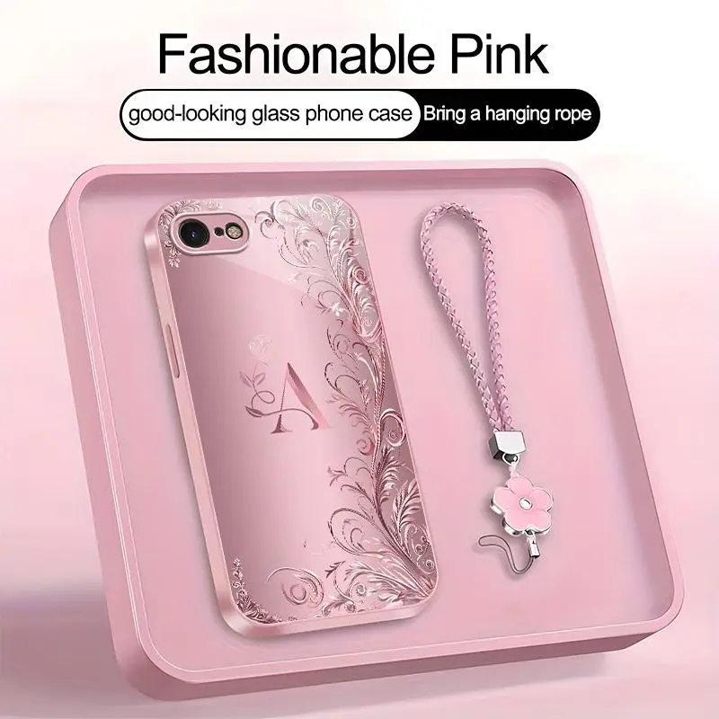 Suitable for [iPhone 7] high-end women's phone case🤩，a beautiful four-leaf clover lanyard is included🍀，a free four-leaf clover lanyard is included, with 26 letters of the alphabet to choose from and exquisite flower patterns YM99