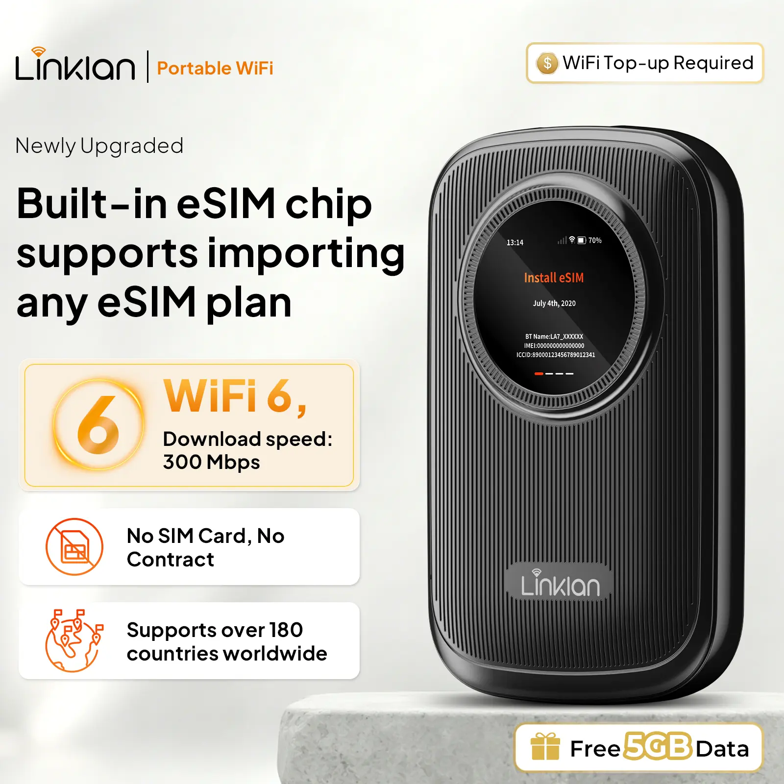 LINKLAN Global Portable eSIM WiFi Hotspot,Built-in eSIM chip，Dual-band , 300Mbps 4G LTE, LED Display No SIMCard/Contract Needed, 16Devices,180+ Countries, for Travel, Car, RV, & Outdoor[Free 5GB US Data]