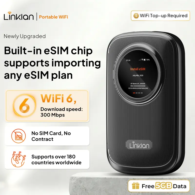 LINKLAN Global Portable eSIM WiFi Hotspot,Built-in eSIM chip，Dual-band , 300Mbps 4G LTE, LED Display No SIMCard/Contract Needed, 16Devices,180+ Countries, for Travel, Car, RV, & Outdoor[Free 5GB US Data], Portable Wifi, Internet Portable Wifi, Hotspot Por