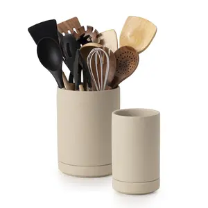 Utensil Holder 7.3 Ceramic 2-in-1 Set with Base for Countertop Cooking Utensil Crocks Kitchen Counter Organizer Spatulas Spoons Farmhouse Decor Pottery Clay Vintage Style Retro Inspired Matte Terracotta Design Gift Canister Tin Kitchenware Storage