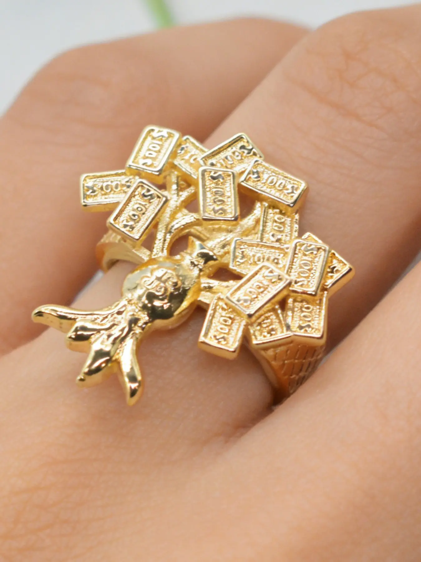 Men's Vintage Copper Plated Life Tree Dollar Ring, Fashion Hip Hop Jewelry Gift for Wedding Engagement Party