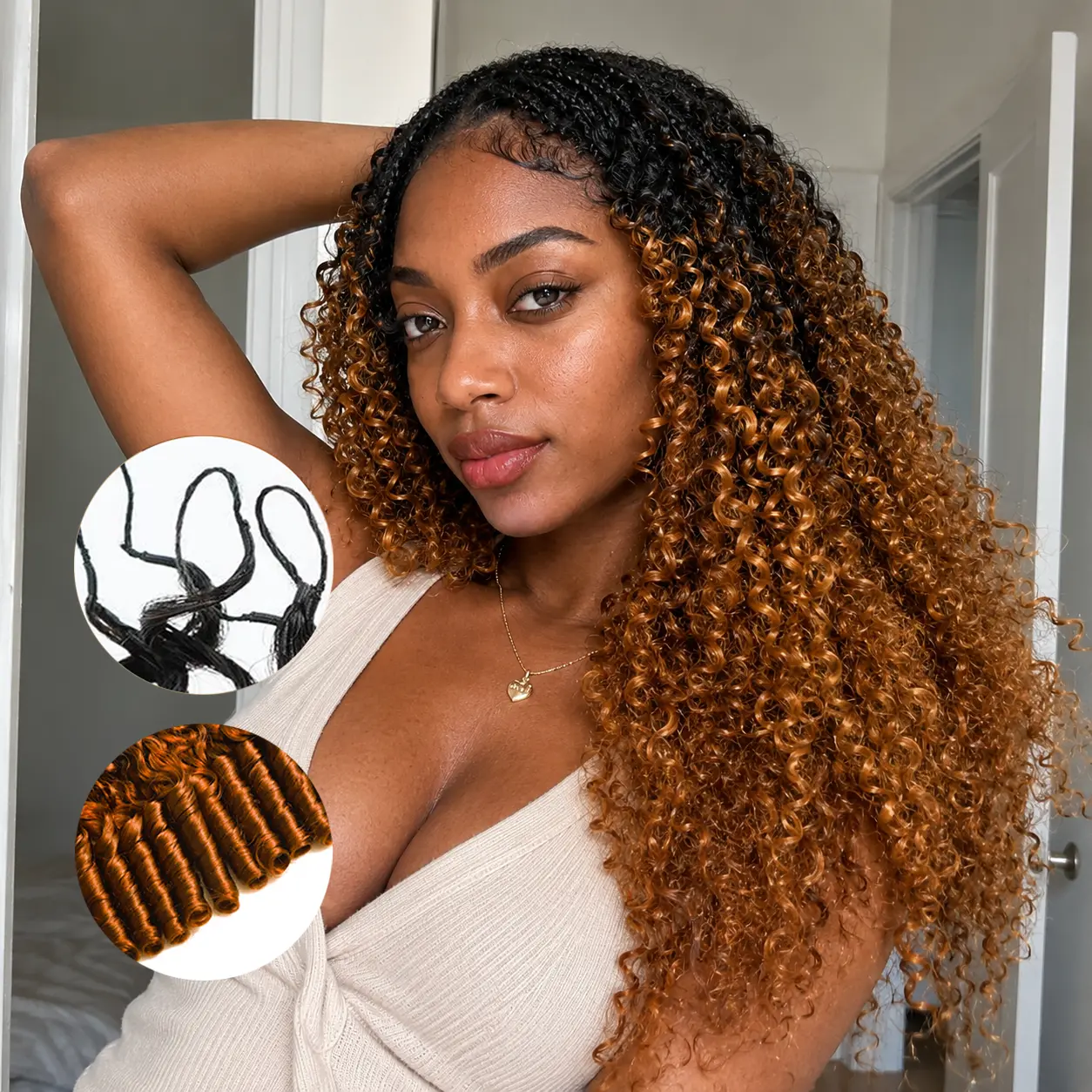 【New Color】T1B/30 Burmese Curly Crochet Human Hair P4/27 Highlight &Natural Black &Ginger Orange &Light Brown Human Hair Extensions Miracle Knots Pre-Separated 50g/Pack-Knotless Boho Braids, 4-5 Packs for Full Head