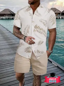 Men's Leaf Print Button Front Shirt & Drawstring Waist Pocket Shorts Set, Regular Fit Casual Short Sleeve Top & Shorts for Sunny Tropical Beach Vacation Daily Wear, Summer Outfits Set for Men Clothes