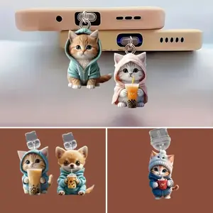 2PCS 2D Flat Cartoon Cat Phone Dust Plugs – Cute Acrylic Design, Phone Charm, Charging Port Protection for iPhone & Type-C, Kawaii Decoration & Small Gift