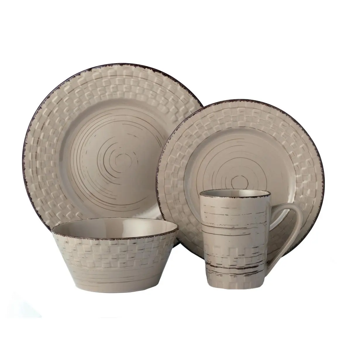 212 MAIN LH515 16-Piece Distressed Weave Texture Stoneware Dinnerware Set - Mocca, Service for 4, Includes Mugs, Dinner Bowls (Complements Cutlery Sets), Dinnerware Sets