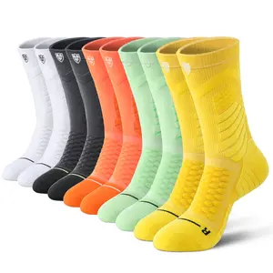 Men's mid-calf sports socks in a pack of 5 pairs. They feature sweat-absorbing mesh for breathability, shock absorption, and are wear-resistant. With terry cloth soles, these solid-color socks are suitable for basketball, running, football, Tubesocks