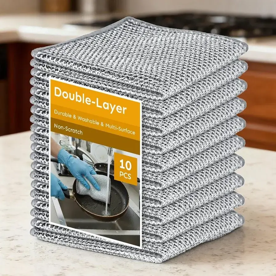 20x20cm Multi-Purpose Silver Dishcloths, 10-Count Durable Non-Scratch Cleaning Rags, Washable & Reusable Long-Lasting Cloths for Kitchen Sinks and Pots