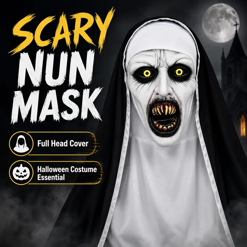 2026 Nun Scary Mask,Halloween Nun Latex Mask,Scary Full Head Creepy Nun Costume Mask with Yellow Eyes & Distorted Teeth for Cosplay 2026 Nun Scary Mask,Halloween Nun Latex Mask,Scary Full Head Creepy Nun Costume Mask with Yellow Eyes & Distorted Teeth for Cosplay