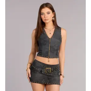 Serving Cool Studded Zip-Front Faux Leather Vest Top