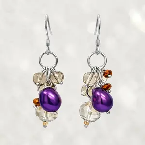 Purple Cultured Pearl Drop Earrings in 925 Sterling Silver