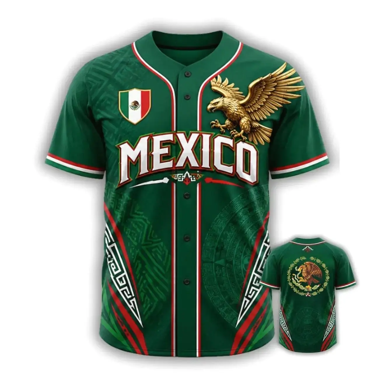 Mexico Aztec Eagle Baseball Jersey, Mexican Flag Graphic Shirt, Indigenous Eagle Design, Vintage Patriotic Sportswear, Unisex Summer Apparel