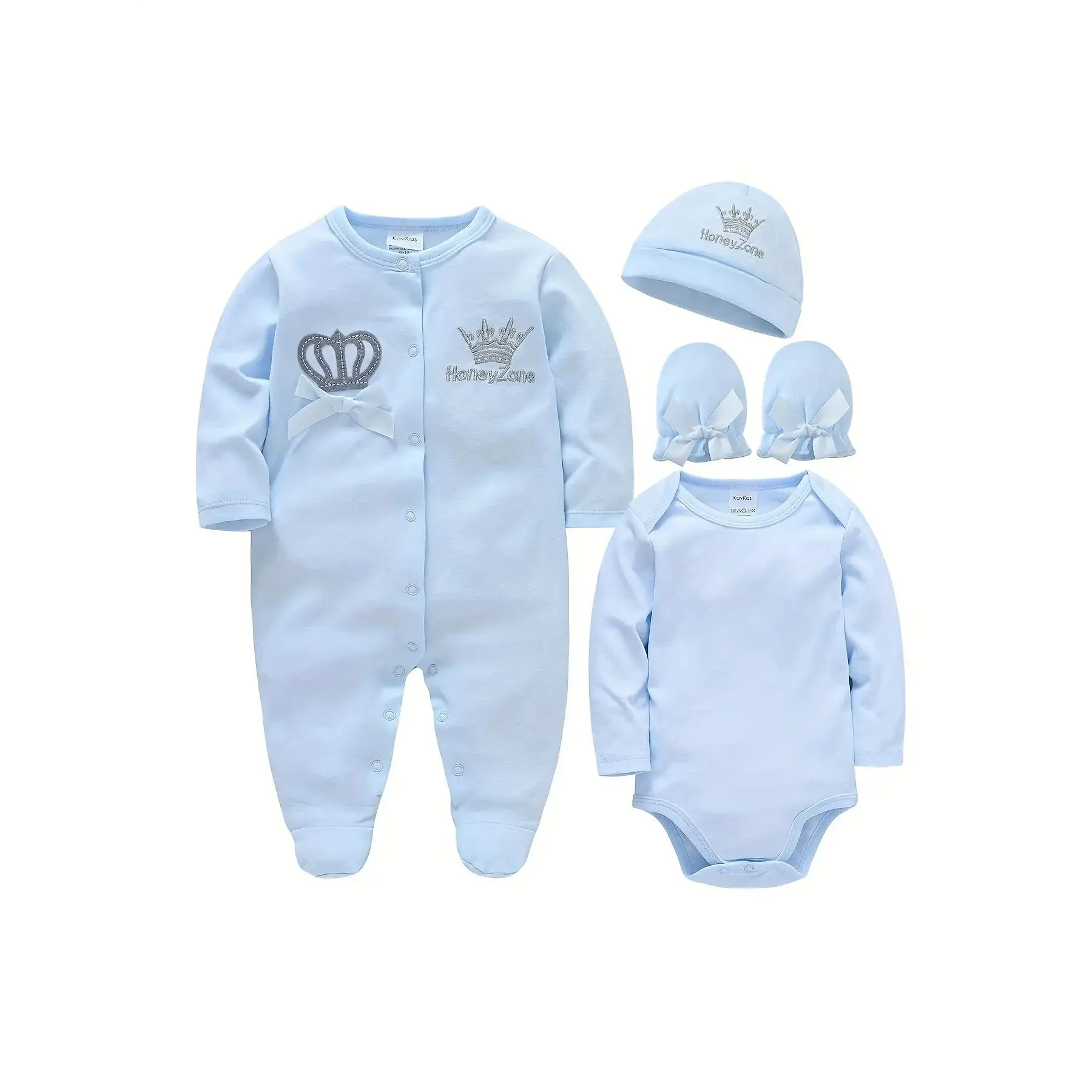 Boys' 4-Piece Cotton Regular Rompers Set - Spring/Fall Long Sleeve Printed Bodysuit Set with Hat, Gloves, Cardigan, Cute Soft Pink Crown & Bow Design, Ideal for Outdoor Use